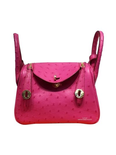 Hermes Mini Lindy Ostrich Leather Top Handle Shoulder Bag Fuchsia Pink 19x12x9CM 523196