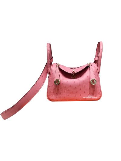 Hermes Mini Lindy Ostrich Leather Top Handle Shoulder Bag Pink 19x12x9CM 523195
