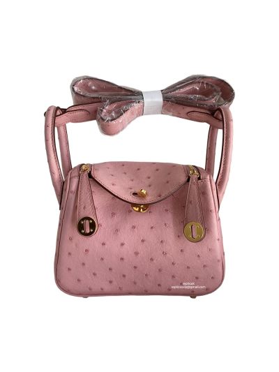Hermes Mini Lindy Ostrich Leather Top Handle Shoulder Bag Pink 19x12x9CM 523198