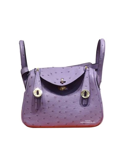 Hermes Mini Lindy Ostrich Leather Top Handle Shoulder Bag Purple 19x12x9CM 523197