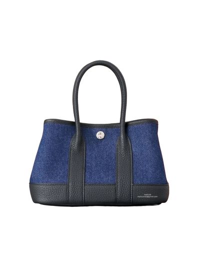 Hermes Neo Garden Party 23 Blue Denim Toile and Black Leather Bag 23x16x10CM 525204