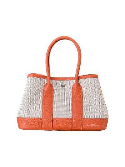 Hermes Neo Garden Party 23 White Denim Toile and Orange Leather Bag 23x16x10CM 525206
