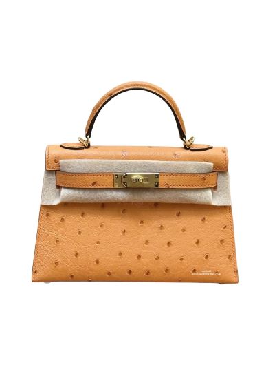 Hermes Orange Ostrich Horseshoe Kelly Sellier Mini Pochette Top Handle Shoulder Bag 19CM 525059