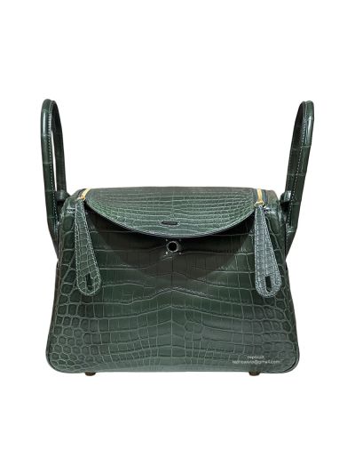 Hermes Pelouse Matte Niloticus Crocodile Lindy 26 Tote Shoulder Bag Dark Green 26CM 523405