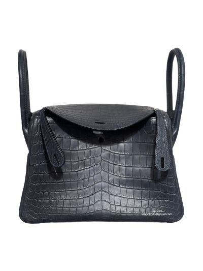 Hermes Pelouse Matte Niloticus Crocodile Lindy 26 Tote Shoulder Bag Navy Blue 26CM 523407