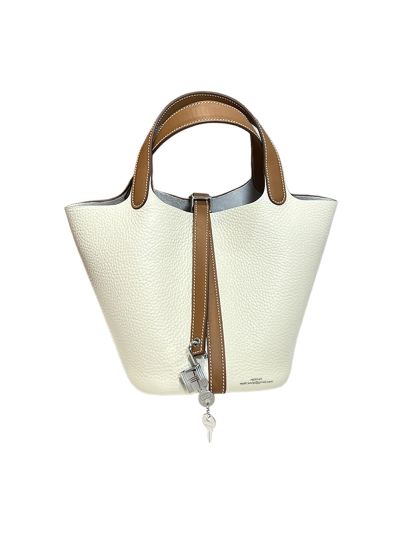 Hermes Picotin 18 Leather Bucket Bag White Brown 523633