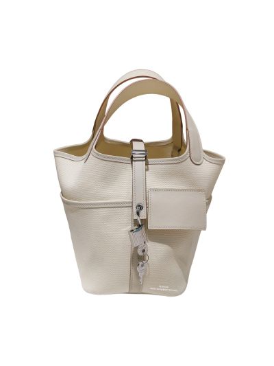 Hermes Picotin Cargo 18 White Swift and Toile Canvas Palladium Hardware 523639