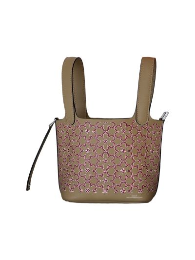 Hermes Picotin Lock 14 Micro Lucky Daisy Bucket Bag Chai with Rose Palladium Hardware Brown Fuchsia 523644