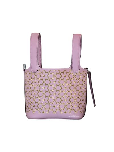 Hermes Picotin Lock 14 Micro Lucky Daisy Bucket Bag Chai with Rose Palladium Hardware Pink Green 523646