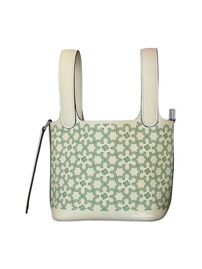Hermes Picotin Lock 14 Micro Lucky Daisy Bucket Bag Chai with Rose Palladium Hardware White Green 523645
