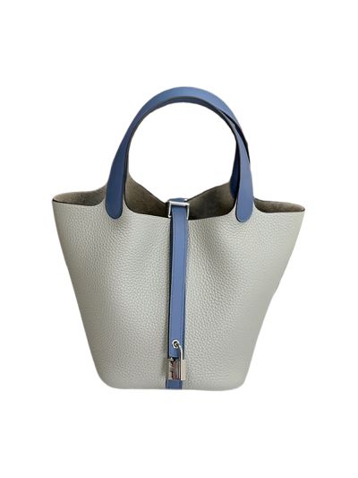 Hermes Picotin Lock 18 Gray Blue Leather Bucket Bag 18x19x13CM 523656