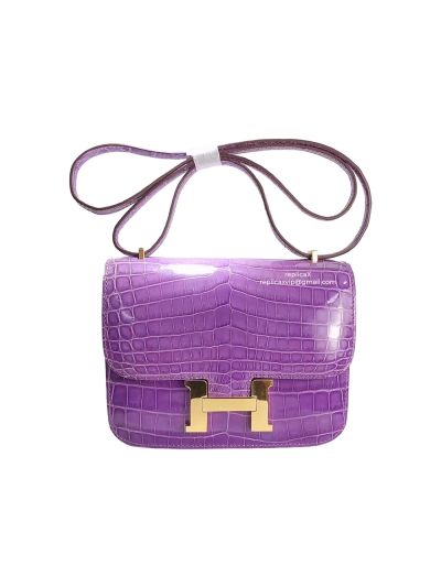 Hermes Purple Shiny Niloticus Crocodile Constance 19 Hand Stitched Bag 522249