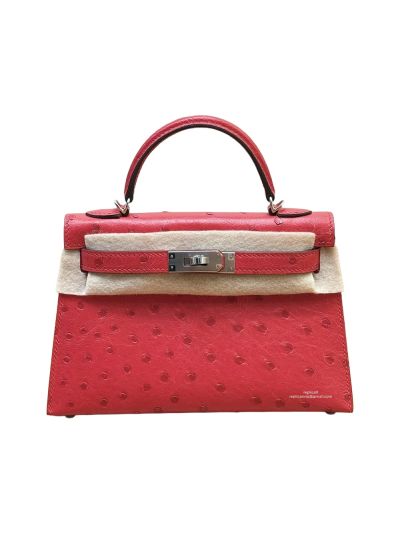 Hermes Red Ostrich Horseshoe Kelly Sellier Mini Pochette Top Handle Shoulder Bag 19CM 525054