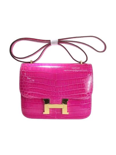 Hermes Rose Shiny Niloticus Crocodile Constance 19 Hand Stitched Bag 522250