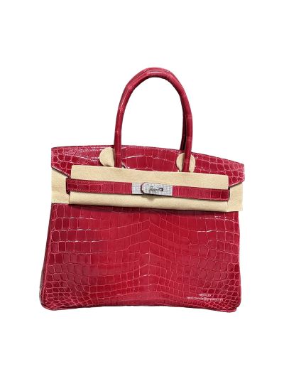 Hermes Rouge Braise Shiny Porosus Crocodile Birkin 30 and Diamond Hardware Tote Bag 30CM 524659