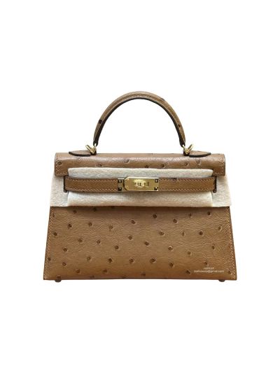 Hermes Tan Ostrich Horseshoe Kelly Sellier Mini Pochette Top Handle Shoulder Bag 19CM 525055