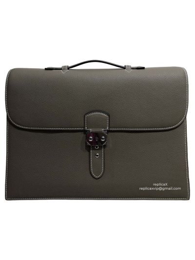 Hermes Taurillon Clemence Sac A Depeche 38 Briefcase Grey 38CM 522327