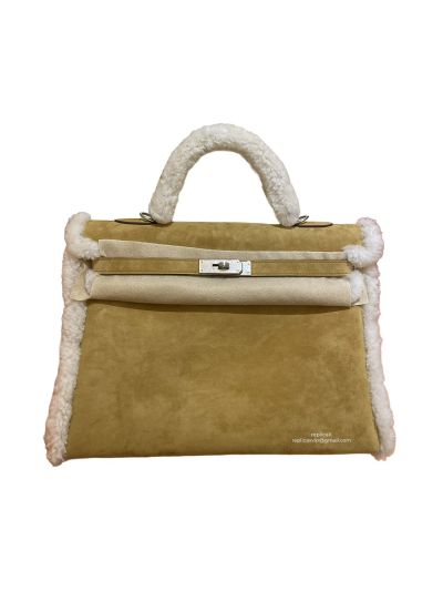 Hermes Teddy Kelly 35 Shearling Brown Leather Bag 35x24x12CM 523425