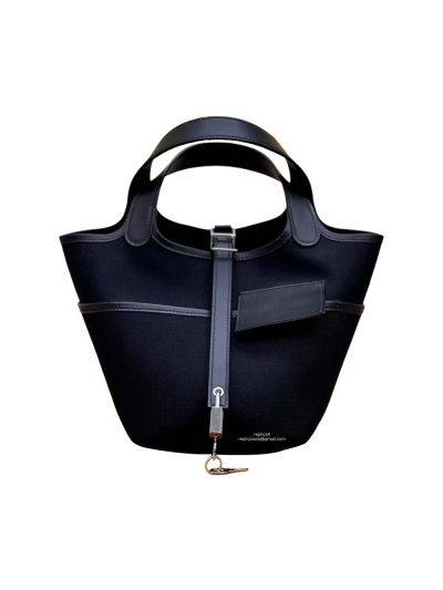 Hermes Toile Goeland Swift Cargo Picotin Lock 18 Bucket Shoulder Bag Black 18x19x13CM 524497