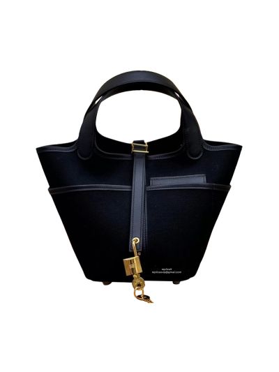 Hermes Toile Goeland Swift Cargo Picotin Lock 18 Bucket Shoulder Bag Black 18x19x13CM 524498