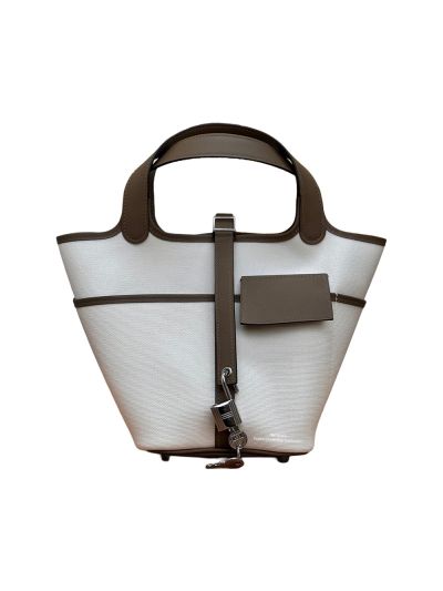 Hermes Toile Goeland Swift Cargo Picotin Lock 18 Bucket Shoulder Bag Grey 522984