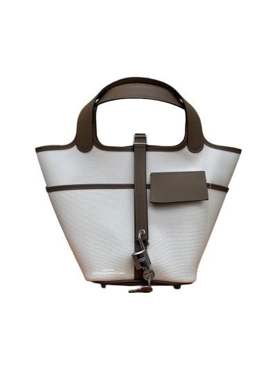 Hermes Toile Goeland Swift Cargo Picotin Lock 18 Bucket Shoulder Bag Grey 18x19x13CM 524490