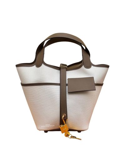 Hermes Toile Goeland Swift Cargo Picotin Lock 18 Bucket Shoulder Bag Grey 18x19x13CM 524494