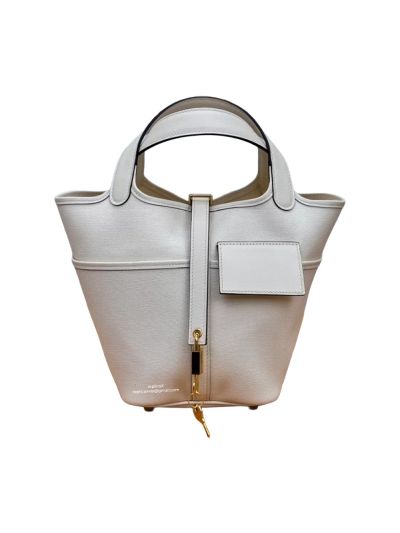 Hermes Toile Goeland Swift Cargo Picotin Lock 18 Bucket Shoulder Bag White 18x19x13CM 524491