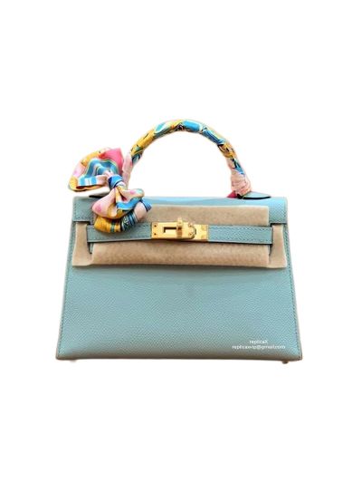 Hermes Top Handle Bag Hermes VIP Mini Kelly 19 Shoulder Bag Light Blue Epsom Calfskin 19CM 523353