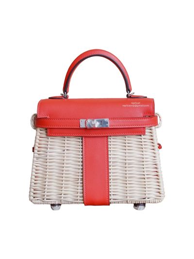 Hermes Top Handle Bag Hermes VIP Rouge De Coeur Mini Kelly Picnic Bag with Osier Wicker and Red Leather 20CM 522876