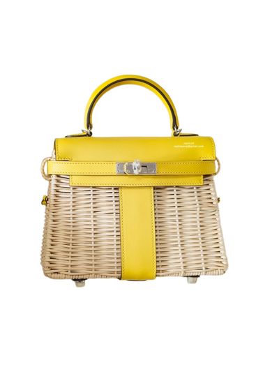 Hermes Top Handle Bag Hermes VIP Rouge De Coeur Mini Kelly Picnic Bag with Osier Wicker and Yellow Leather 20CM 522875