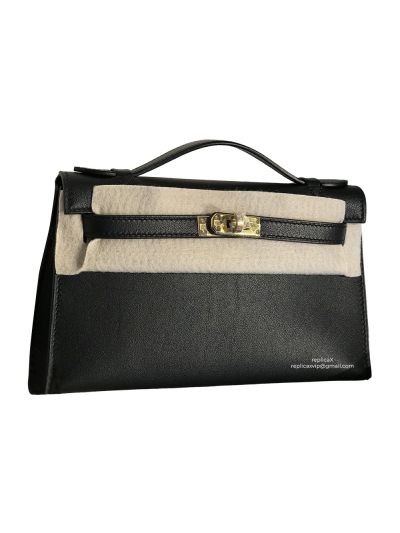 Hermes Top Handle Hermes VIP Kelly Mini Pochette Craie Swift Leather Bag Black 22CM 522885