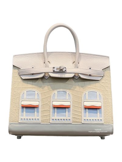 Hermes Tote Bag Hermes VIP Birkin 25 Sellier Faubourg House Bag White Crocodile Leather 522919