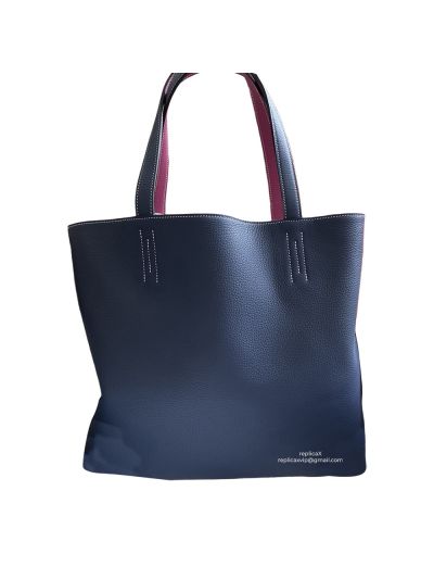Hermes Tote Bag Hermes VIP Leather Double Sens Reversible Shopping Tote Bag Blue Rose Red Hand Stitched 522831