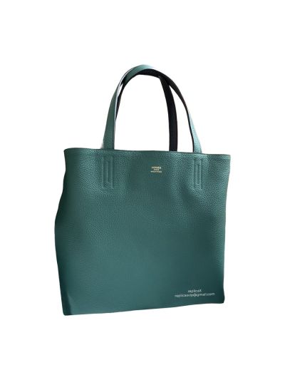 Hermes Tote Bag Hermes VIP Leather Double Sens Reversible Shopping Tote Bag Green Black Hand Stitched 522837