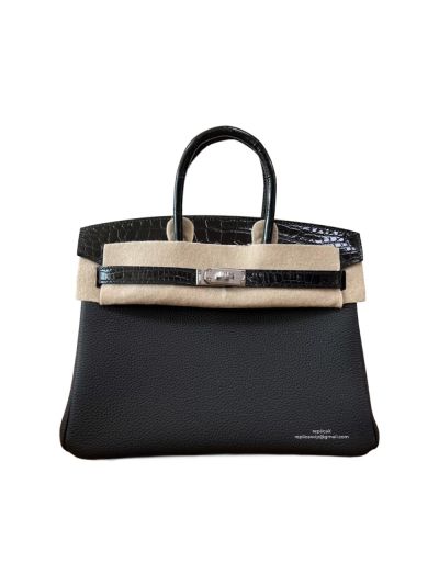 Hermes VIP Birkin 25CM Touch Jaune Amber Black Leather and Shiny Niloticus Crocodile 525194