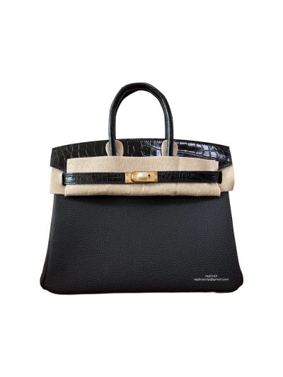 Hermes VIP Birkin 25CM Touch Jaune Amber Black Leather and Shiny Niloticus Crocodile 525195