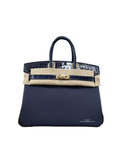 Hermes VIP Birkin 25CM Touch Jaune Amber Blue Leather and Shiny Niloticus Crocodile 525196