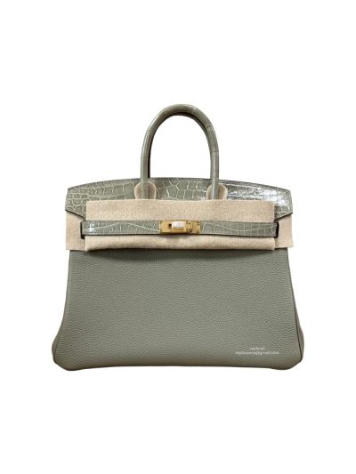 Hermes VIP Birkin 25CM Touch Jaune Amber Gray Leather and Shiny Niloticus Crocodile 525198