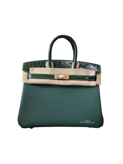 Hermes VIP Birkin 25CM Touch Jaune Amber Green Leather and Shiny Niloticus Crocodile 525199