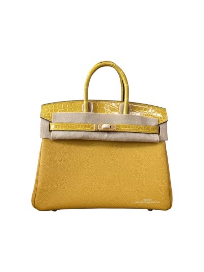 Hermes VIP Birkin 25CM Touch Jaune Amber Yellow Leather and Shiny Niloticus Crocodile 525201