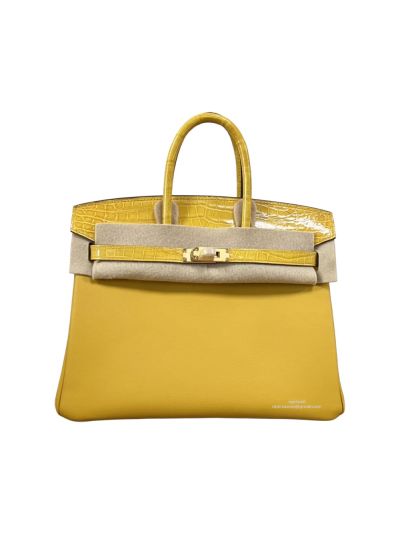 Hermes VIP Birkin 25CM Touch Jaune Amber Yellow Leather and Shiny Niloticus Crocodile 525202