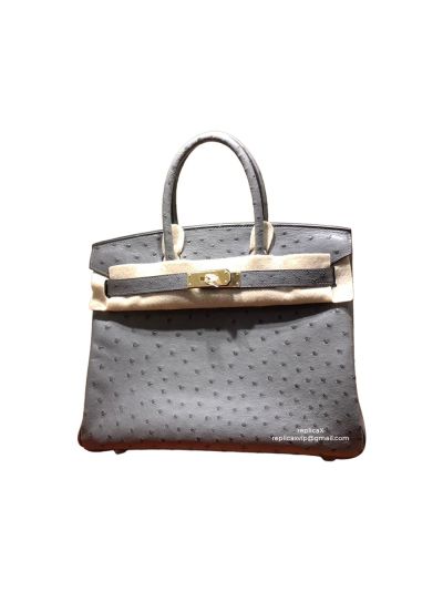Hermes Vip Birkin 30 Ostrich Leather Hand Stitched Tote Bag Grey 52222