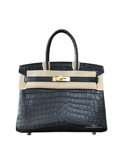 Hermes Vip Birkin 30 Tote Bag Black Shiny Crocodile Leather 523013