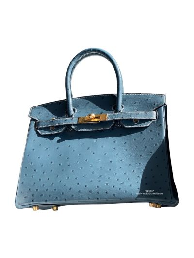 Hermes VIP Birkin 30 Tote Bag Blue Ostrich Leather 523012