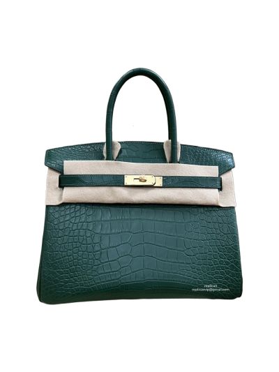 Hermes Vip Birkin 30 Tote Bag Green Shiny Crocodile Leather 523011