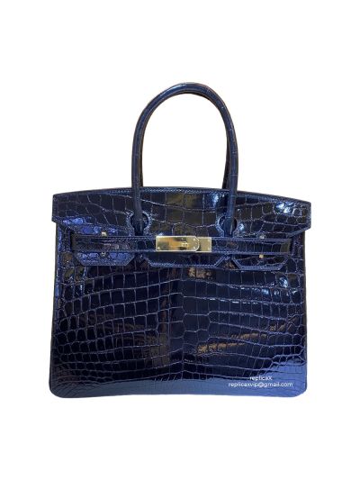 Hermes Vip Birkin 30 Tote Bag Hand Stitched Shiny Black Crocodile Leather 30CM 525140