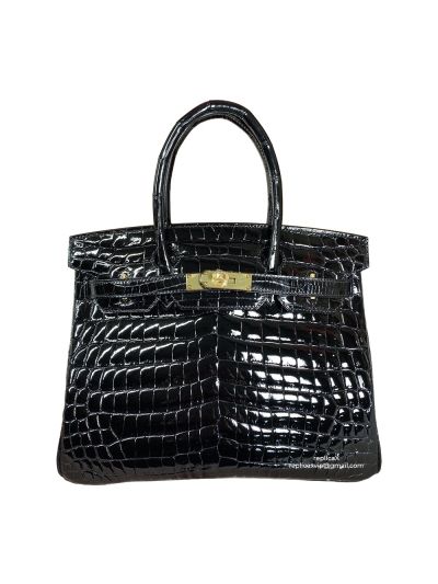 Hermes Vip Birkin 30 Tote Bag Hand Stitched Shiny Black Crocodile Leather 30C 525141