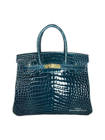 Hermes Vip Birkin 30 Tote Bag Hand Stitched Shiny Blue Crocodile Leather 522351