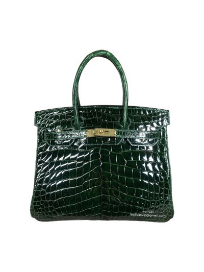 Hermes Vip Birkin 30 Tote Bag Hand Stitched Shiny Green Crocodile Leather 30CM 522352